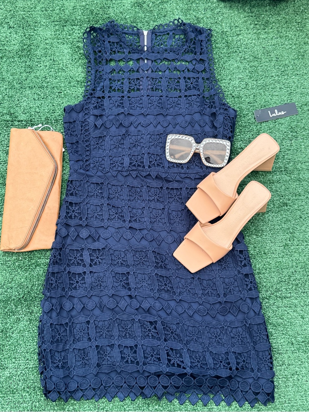 Lulu's Navy Crochet Mini Dress - Sleeveless Lace Sheath